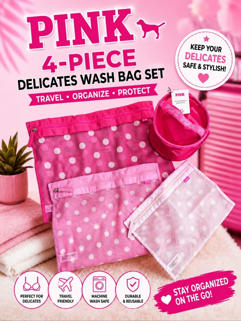 PINK4-PIECE DELICATES WASH BAG SET travel Set
